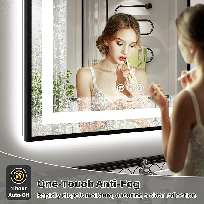 48x36 Inch LED Bathroom Mirror with Black Frame, Backlit & Front Lit, Anti-Fog Lighted Bathroom Vanity Mirror for Wall, Memory Function, Dimmable, HD Tempered Glass, Shatter-Proof
