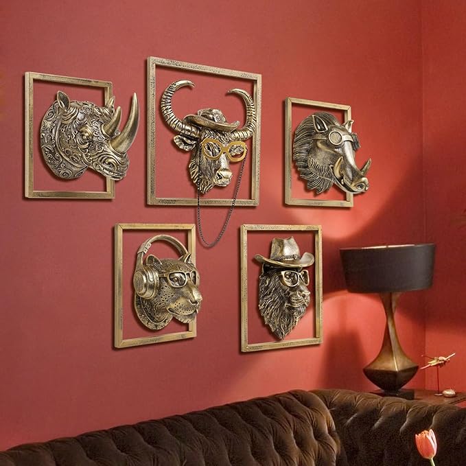 JJALIGHTS Exquisite Resin Animal Head Wall Sculpture (Gift Metal Frame) - Imitation Copper Vintage Decor for Living Room, Bedroom & Office | Decorative Wall Hanging Art