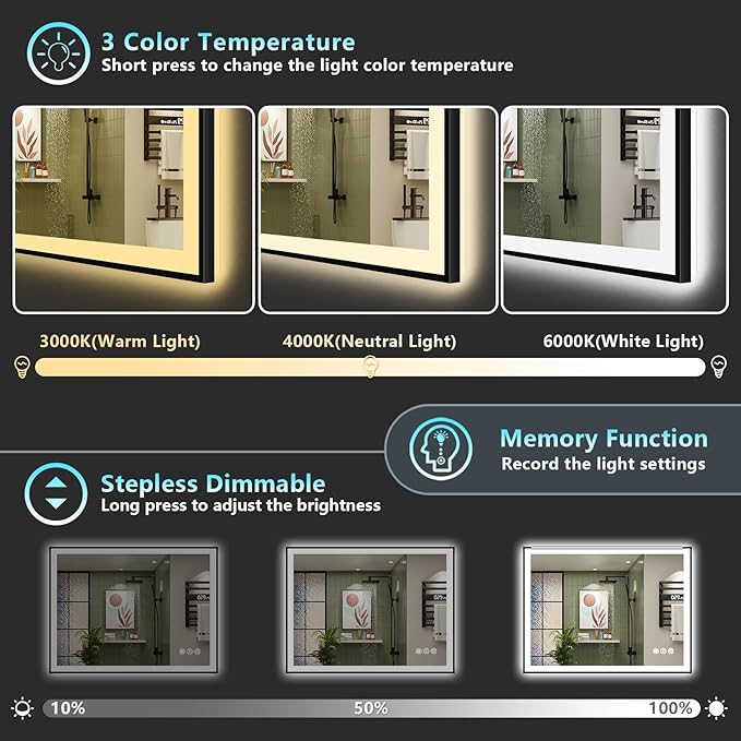 40x30 Black Framed LED Bathroom Mirror with Lights, Backlit and Front Lit Anti-Fog Lighted Vanity Mirrors for Bathroom Wall, Dimmable, 3 Colors, Memory, HD Tempered Glass, Horizontal/Vertical