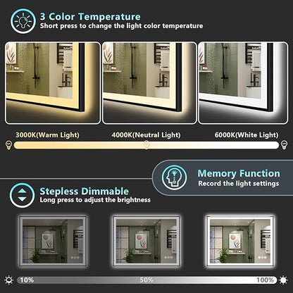 40x30 Black Framed LED Bathroom Mirror with Lights, Backlit and Front Lit Anti-Fog Lighted Vanity Mirrors for Bathroom Wall, Dimmable, 3 Colors, Memory, HD Tempered Glass, Horizontal/Vertical