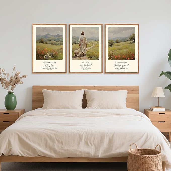 Aurlan Christian Bible Verses Framed Wall Art(16"x24"), 3PCS Vintage Jesus Leaves The 99 Lost Sheep Inspirational Scripture Canvas Artwork, Religious Abstract Flowers Nature Landscape Gallery Decor for Home Office Bedroom