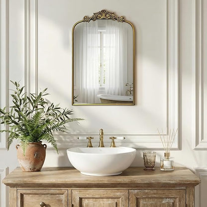 Gold Baroque Vintage Mirror for Vanity 24x16Inch Gold Antique with Ornate Frame, Arched Vintage Wall for Bathroom, Living Room, Fireplace, Entryway (Golden (Arched 7), 24"L x 16"W（Vertical ）)