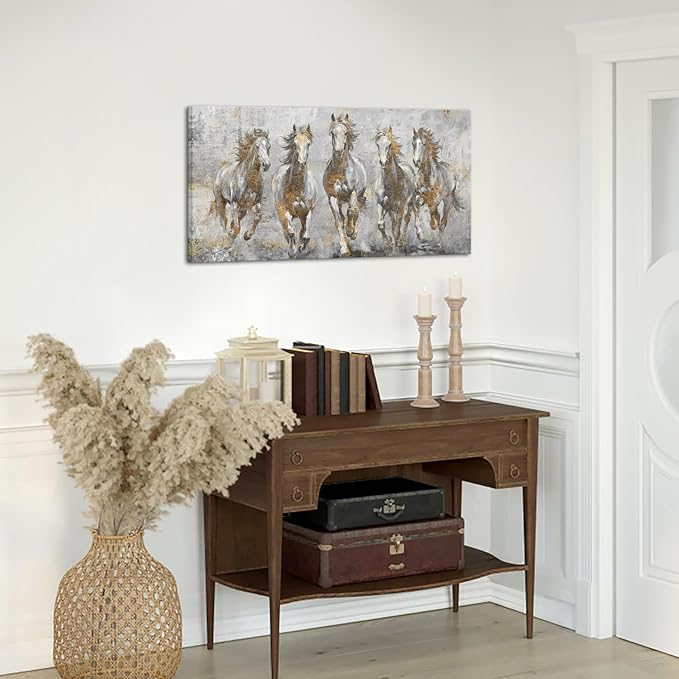 LoveHouse Gray and Gold Horse Wall Art Large Running Horses Canvas Print Horses Painting Wall Decor 24"x48"