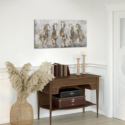 LoveHouse Gray and Gold Horse Wall Art Large Running Horses Canvas Print Horses Painting Wall Decor 24"x48"