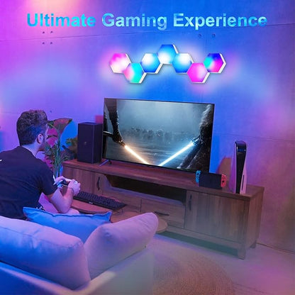 Hexagon LED Lights, Smart RGB-IC Gaming LED Wall Lights App & Remote Control Music Sync, Hexagon Light Panels DIY Geometry Ambience Lighting for Gaming Room Bedroom Streaming, 10 Panels