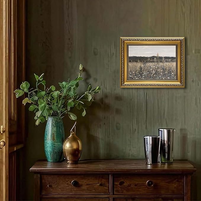 YD&YZY Gold Framed Vintage Wall Art Canvas Landscape Meadow with Flowers Farmhouse Wall Decor Rustic Cottagecore Nature Painting Picture Print for Bedroom Home Decor 8x10 inch Small Framed