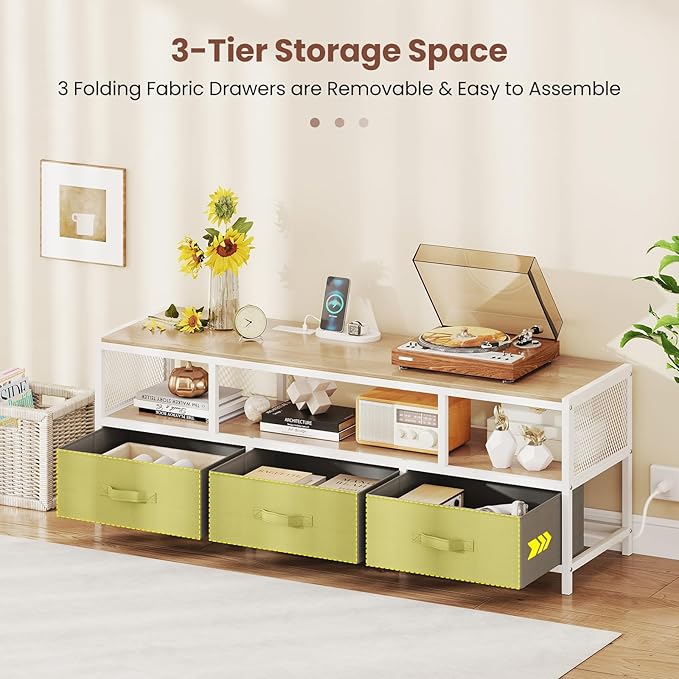 Tangkula Farmhouse TV Stand for TVs up to 65", 3-Tier Entertain Center with Power Outlets USB Charging, Media Console Table with Open Shelf & 3 Fabric Storage Drawers for Living Room (Natural)