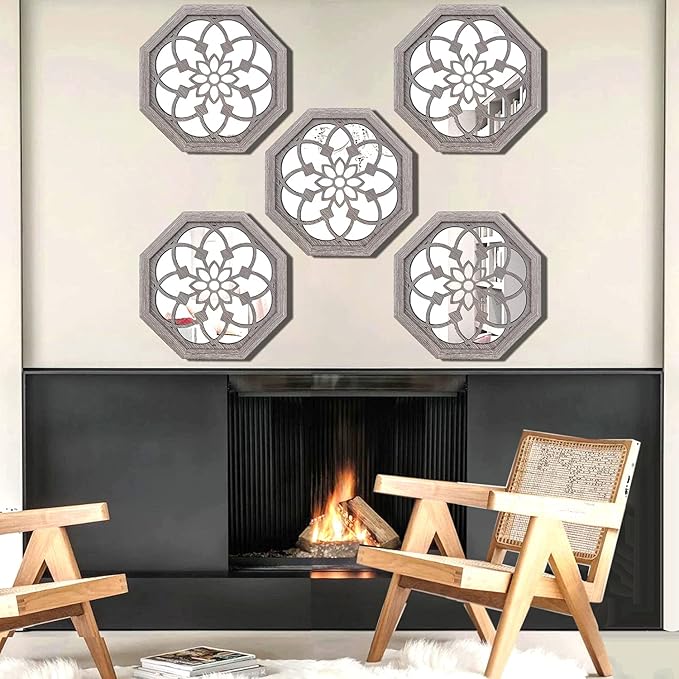 ZOLAPI 2 PCS Octagon Wall-Mounted Mirrors,Vintage Farmhouse Mirror for Wall Decor,Barn Wood Color Decorative Accent Mirror for Foyer, Bathroom, Bedroom. (12”x12”)