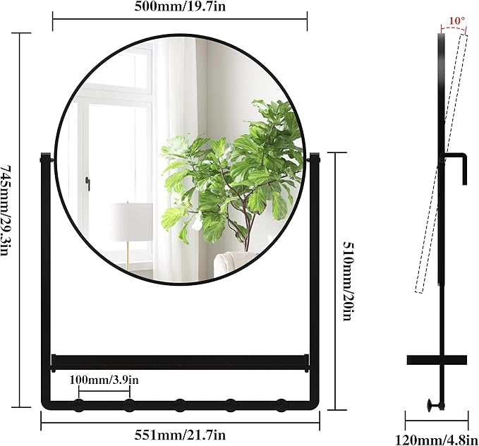 Modern Black Round Wall Mirror with Shelf and Hooks, 29.5" x 21.7" Large Bathroom Mirror with 10° Adjustable Tilt for Entryway, Living Room, Hallway, Bedroom