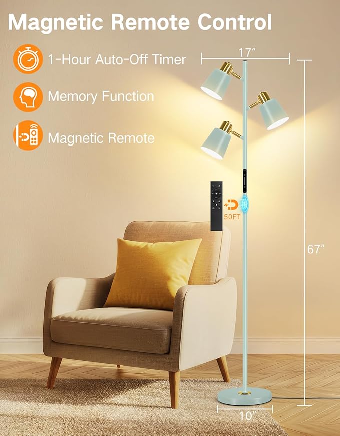 OUTON Tree Floor Lamp, LED Dimmable Floor Lamp with Remote and Touch Slide Control, 4 Color Temperatures, 3 Rotatable Lights, Modern Standing Lamp for Living Room Bedroom Office, Bulbs Included,Teal