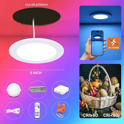 6Pack Smart RGB Recessed Light 6Inch,Ultra-Thin Canless LED Downlight,2.4GHz Wi-Fi Bluetooth Direct Connect,2700K-6500K,12W,2640lm,Work with App/Alexa/Google Assistant/Siri