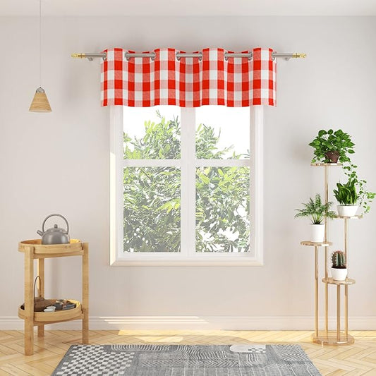 3 Pc Cotton Classic Country Farmhouse Kitchen Window Curtain Grommet Top -Red & White Buffalo Check Tier & Valance Set, 54" x 18" / 32" x 24"