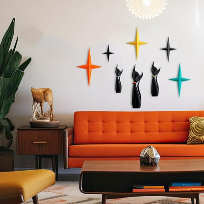 Otoolling 8 Pcs Mid Century Modern Decoration Mcm Retro 3D Atomic Cat Colorful Stars Starburst Wall Art Sculpture for Home Office Living Room Kitchen Bathroom Laundry Room Wall Decor Cat Lovers Gifts