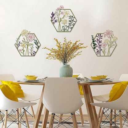 ESTART 3 Pcs Metal Flower Wall Decor, Minimalist Floral Wall Hanging Art, Abstract Line Floral Wall Art Sculpture for Bedroom Bathroom Living Room Kitchen Dining Room (Multi Color)