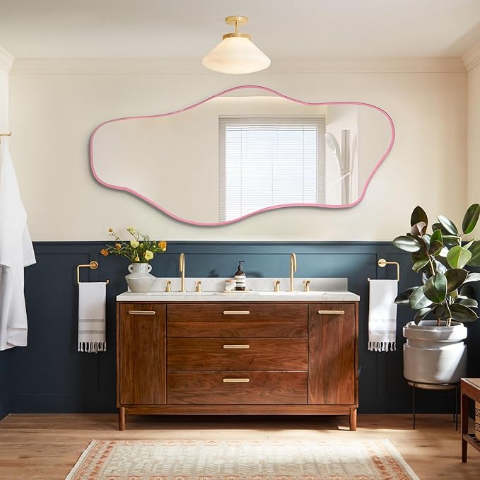 Irregular Mirror Full Length, 67"x31" Asymmetrical Tempered Glass Wall Mirror, Large Pink Organic Frameless Mirrors for Living Room Bedroom Hallway Entryway, Horizontal or Vertical Hanging