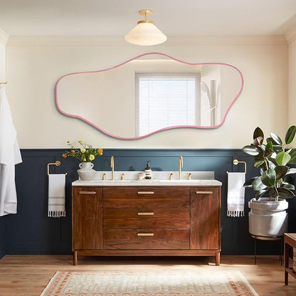 Irregular Mirror Full Length, 67"x31" Asymmetrical Tempered Glass Wall Mirror, Large Pink Organic Frameless Mirrors for Living Room Bedroom Hallway Entryway, Horizontal or Vertical Hanging