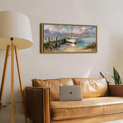 Nautical Boat Wall Art Framed Coastal Bathroom Wall Decor Vintage Classical Beach Artwork Abstract Ocean Landscape Picture Canvas Prints Seascape Seagull Artwork Living Room Home Decorations 20x40