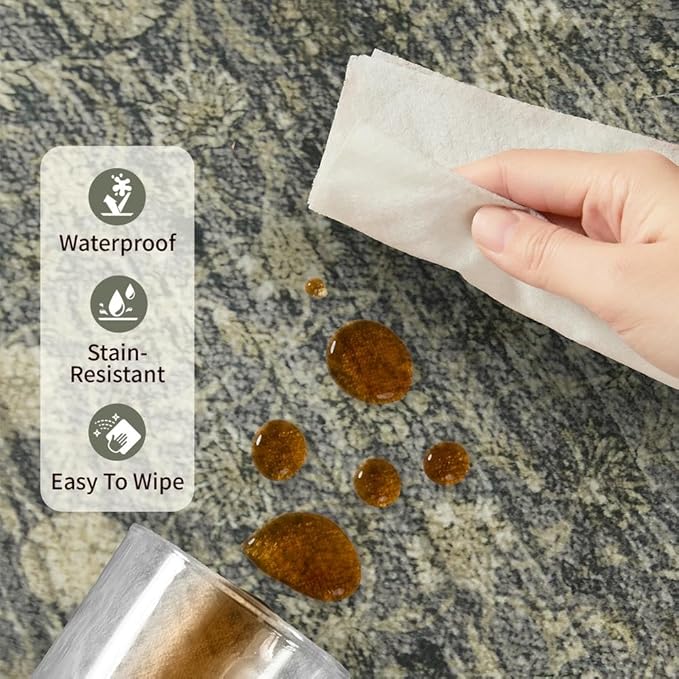 Vintage Area Rugs 5x7, Washable Rugs for Living Room, Green Boho Floral Rug for Office, Dining Room and Farmhouse, Durable Low Pile Non-Slip Area Rug for High Traffic Areas(Moss Brown)
