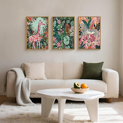 Spring Boho Sage Green Pink Giraffe Zebra Jungle Framed Canvas Wall Art Set,Natural Safari Tropical Wildlife Wall Decor,Modern Wild Animal Botanical Artwork for Living Room,Farmhouse -16"x24"x3