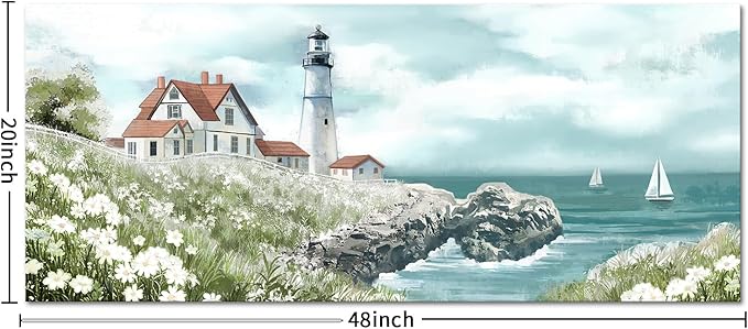 Conipit Coastal Lighthouse Canvas Wall Art Seascape with Sailboats Pictures Portland Lighthouse Painting Ocean Scene Home Decor 20''x48''