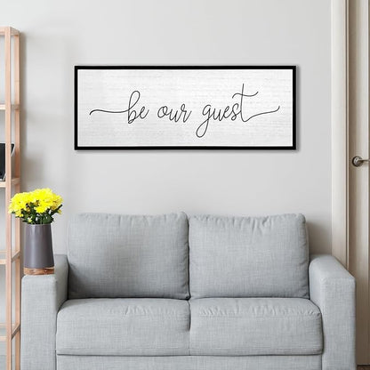 Be Our Guest Wall Decor Sign 32''×12'' Large Rustic Farmhouse Family Guest Room Bedroom Above Bed Vintage Framed Wooden Wall Art Modern Signs Simple Entryway Hanging Decoration (Black)