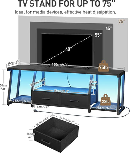 RALGEND LED TV Stand for 75 Inch TV, Entertainment Center with Open Shelves and Power Outlets, TV Console Table with Fabric Drawers, Media Console for Living Room, Bedroom, Black