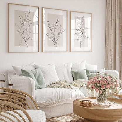 Neutral Botanical Prints Wall Art Decor Plant Minimalist Canvas Pictures Vintage Beige Wall Art Modern Farmhouse Line Poster Boho Abstract Painting Artwork for Bedroom 24x36 Inch Unframed Set of 3