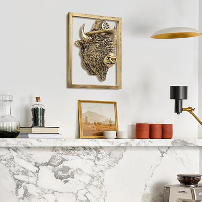 Newinhome Animal Heads Wall Decor (Includes Metal Frame) Resin Animals Sculptures Head Wall Hanging Decoration Gold vintage Wall Sculpture for Living Room Bedroom Office (American Bison)