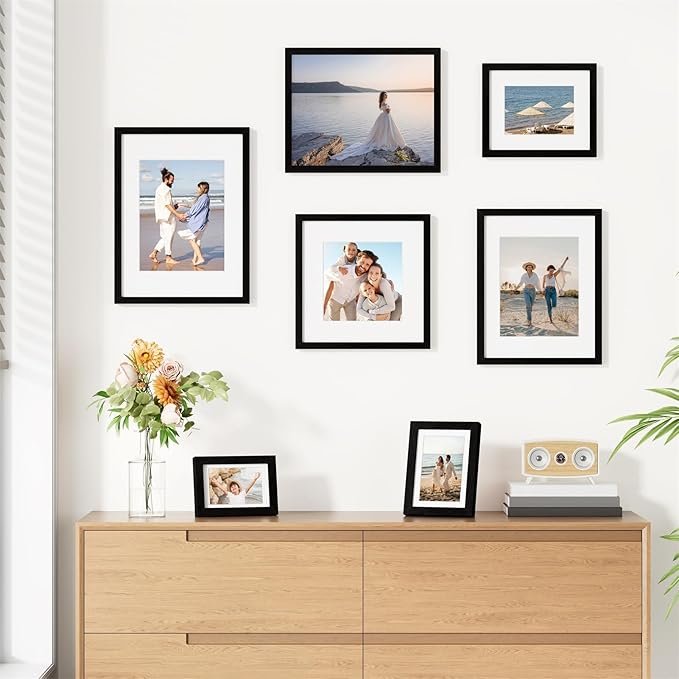Vittanly 8x10 Picture Frames Set of 9, Shatter Resistant Plexiglass, Display 5x7 Pictures with Mat or 8x10 without Mat, Photo Frames for Wall or Tabletop, Engineered Wood, Black