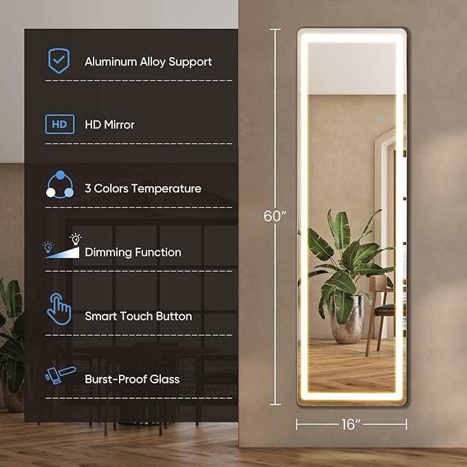 DUMOS LED Mirror Full Length with Stand, 16"×60" Full Body Wall Mirror with LED Lights 3 Color Lighting, Hanging or Leaning, Floor Standing, Modern Simple Home Wall Decor