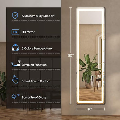 DUMOS LED Mirror Full Length with Stand, 16"×60" Full Body Wall Mirror with LED Lights 3 Color Lighting, Hanging or Leaning, Floor Standing, Modern Simple Home Wall Decor
