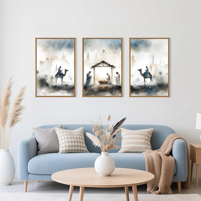 DRACIT Large Catholic Jesus Nativity Scene Framed Canvas Wall Art Set,Watercolor Holy Birth of Jesus Wall Decor,Trendy Christian Religious Artwork for Living Room,Bedroom,Church-24 x36 x3