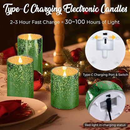 LEDHOLYT Rechargeable Flameless Candle, Flickering LED Pillar Glass Fake Candle with Remote and Timer, Built-in Battery Real Wax Electronic Candle for Room Decoration, Set of 3