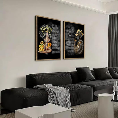 2Pcs Male King And Queen Wall Art Inspiration Canvas Wood Framed Printing African American Poster Picture Inspiration Wall Decoration Black Print Art Religious Quotations Gallery Living Room Bedroom Office