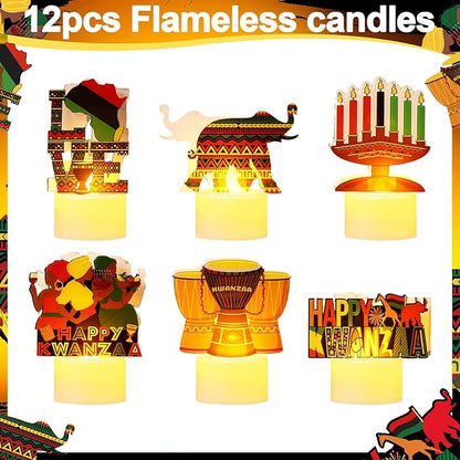 Tuanse 12 Pcs Kwanzaa Kinara LED Flameless Candles Kwanzaa Table Decorations African Heritage Harvest Holiday Party Favor for African Celebration Traditional Home Decor