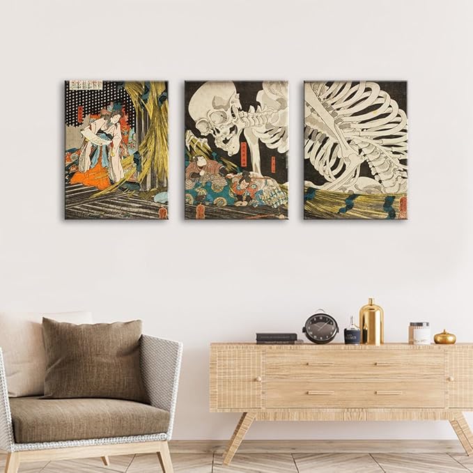 dgbtcart Utagawa Kuniyoshi Japanese Wall Art Poster Takiyasha the Witch and the Skeleton Spectre - Triptych Paintings Canvas Print Wall Decor for Bedroom Living Room 16" x 24"x3 Pcs