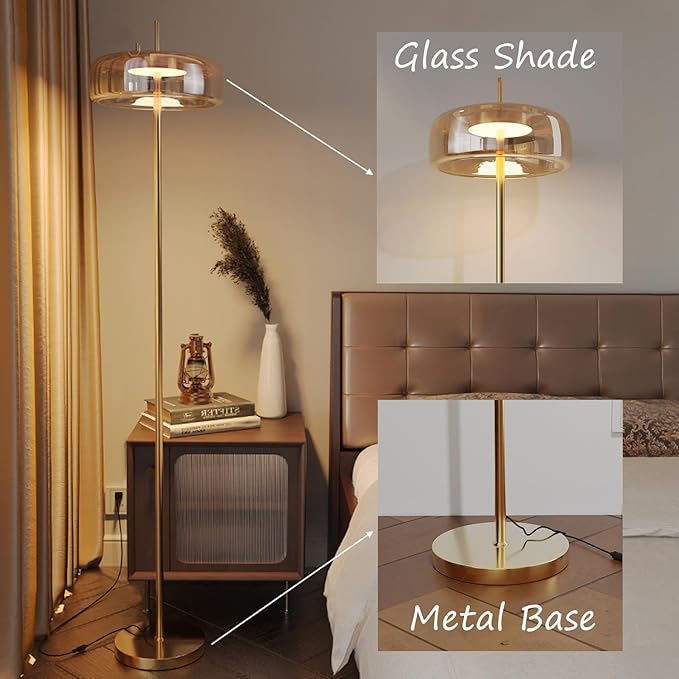 MIXL-Hand-Blown Glass Floor Lamp with Sturdy Base,Minimalist Amber Bedside Lamp with Round Shade,Nordic Style Tall Lamp for Reading Study Room and Dining Room
