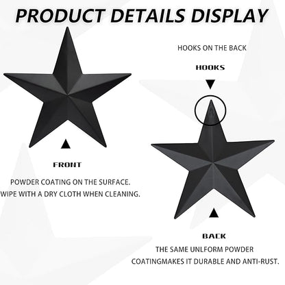 VIVICOMFY 6" 9”12"（3pieces Black Barn Star Wall Decor,Metal Stars Rustic Vintage Western Country Farmhouse Home Indoor or Outdoor Wall Decoration,Texas Stars for House Art Décor