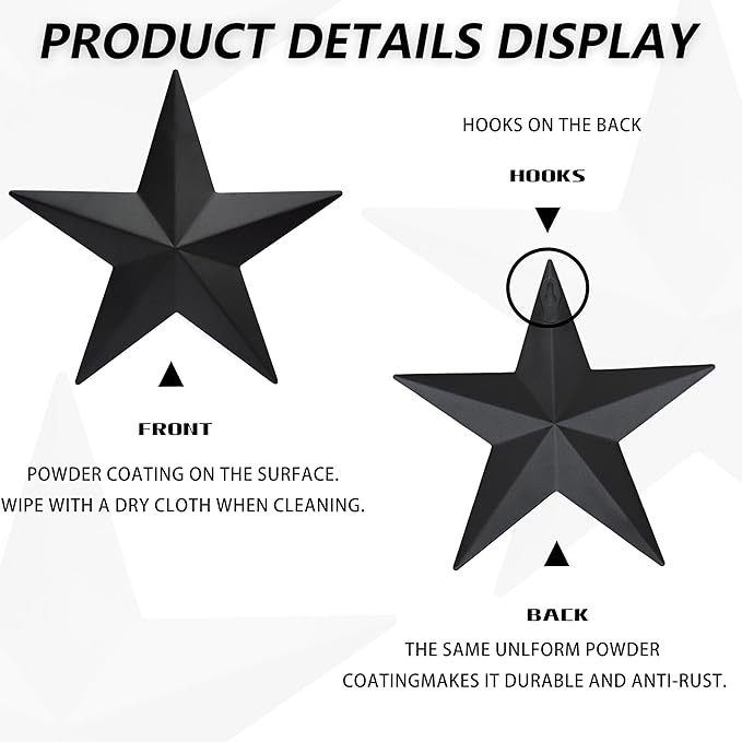 JoyEvy 6" 9”12"（3pieces Black Barn Star Wall Decor,Metal Stars Rustic Vintage Western Country Farmhouse Home Indoor or Outdoor Wall Decoration,Texas Stars for House Art Décor