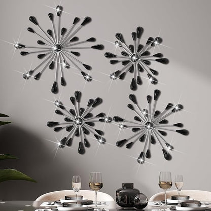 Hicarer 4 Pcs Starburst Wall Decor Bling Wall Art Crystal Teardrop 3D Hanging Rhinestone Radial Metal Artwork Modern Accent Sculptures Decorations for Living Room Home Office Bedroom(Black Diamond)