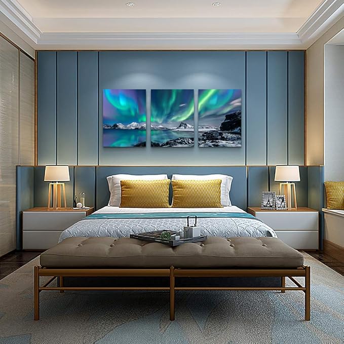 MHARTK66 Landscape Wall Art for Living Room Wall Decor for Bedroom Office Decor Abstract Mountain Aurora Painting 3 Piece Scenic Framed Canvas Art Prints Ready to Hang Wall Pictures Home Decor