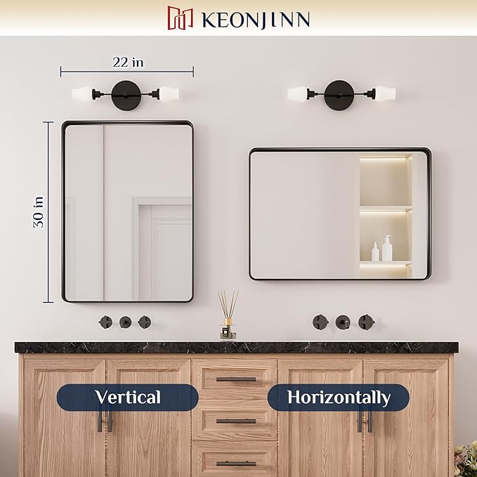Keonjinn Black Vanity Mirror, 22 x 30 Inch Rounded Rectangle Matte Black Bathroom Mirrors for Over Sink, Anti- Rust Farmhouse Mirror with Seamless Metal Frame, HD Tempered Glass, Sandblasted Finish
