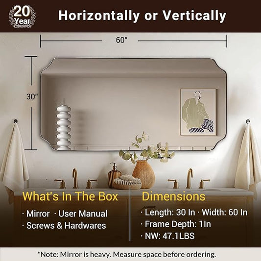 ANDY STAR 30"x60" Large Bathroom Mirror, Brushed Nickel Rectangle Scalloped Mirror, Modern Full Length Wall Mirror with Rust-Proof Stainless Steel Frame, Hangs Vertically or Horizontally
