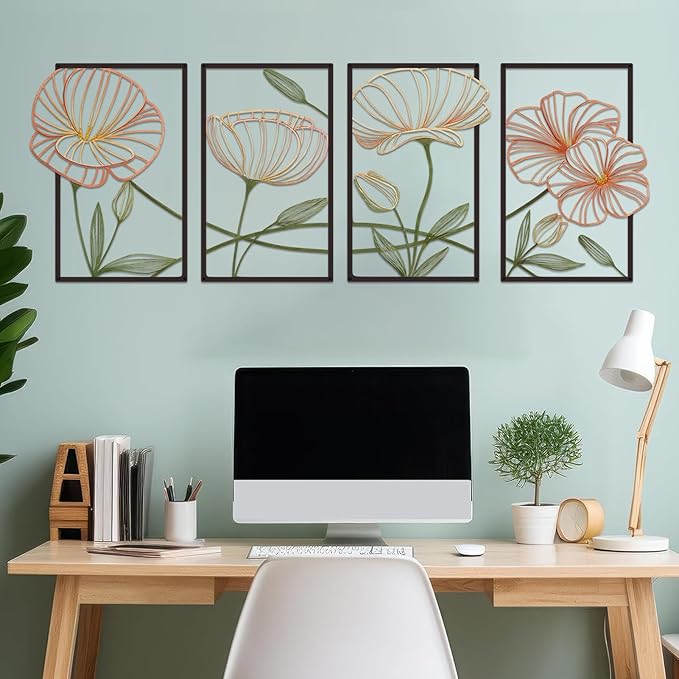 ESTART 4 Pieces Metal Lotus Wall Decor Abstract Floral Aesthetic Splicing Line Art Minimalist Wall Art for Bedroom Flowers Hanging Wall Sculpture for Bathroom Living Room Kitchen Yoga Room (Colorful)