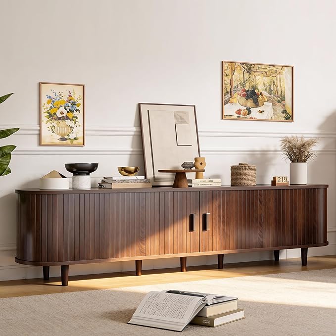 80" Mid Century Modern TV Stand, Wood TV Consoles with Sliding Doors and Power Outlet, Entertainment Center with Adjustable Shelves, Fluted TV Stands for Living Room, Walnut
