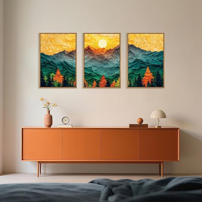 Abstract Mountain Framed Canvas Wall Art Set, Forest Pine Tree Golden Sunset Wall Decor, Mixed Patchwork Landscape Art Print for Living Room, Bedroom, Dining Room, Office-16 x24 x3