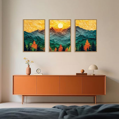 Abstract Mountain Framed Canvas Wall Art Set, Forest Pine Tree Golden Sunset Wall Decor, Mixed Patchwork Landscape Art Print for Living Room, Bedroom, Dining Room, Office-16 x24 x3