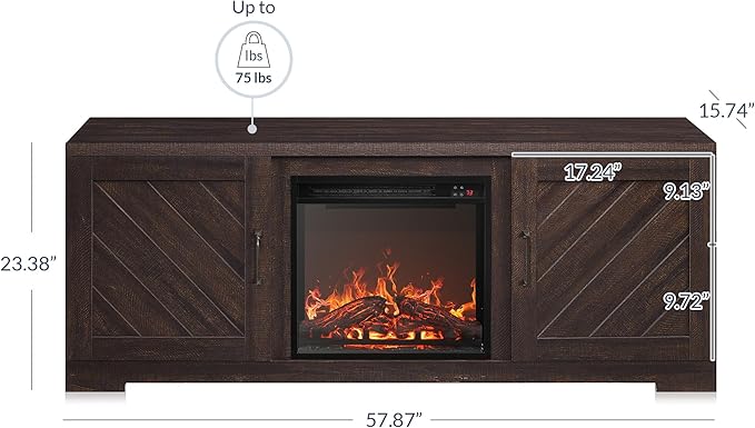 BELLEZE Modern 58" Farmhouse TV Stand with 18" Electric Fireplace Heater & Media Entertainment Center for TV up to 65", Console Table with Storage Cabinets - Hilo (Espresso)