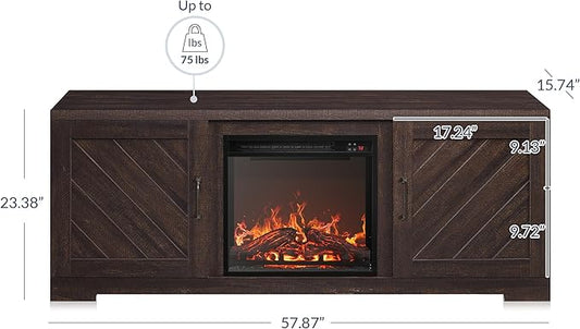 BELLEZE Modern 58" Farmhouse TV Stand with 18" Electric Fireplace Heater & Media Entertainment Center for TV up to 65", Console Table with Storage Cabinets - Hilo (Espresso)