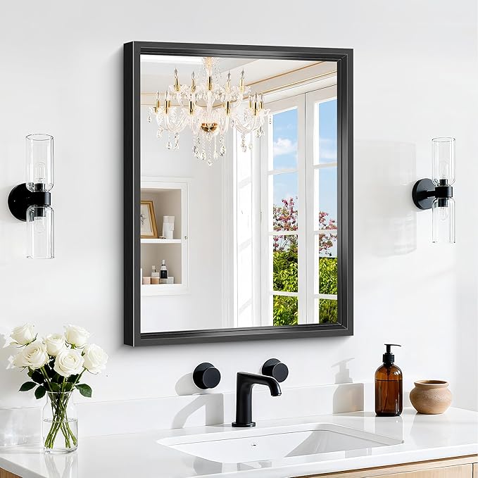18x24 Inch Black Bathroom Mirror, Brushed Black Rectangle Mirror for Over Sink, 0.6" Thickened Deep Aluminum Frame Rectangular Vanity Mirror, Tempered Glass, Antirust, Horizontally/Vertically